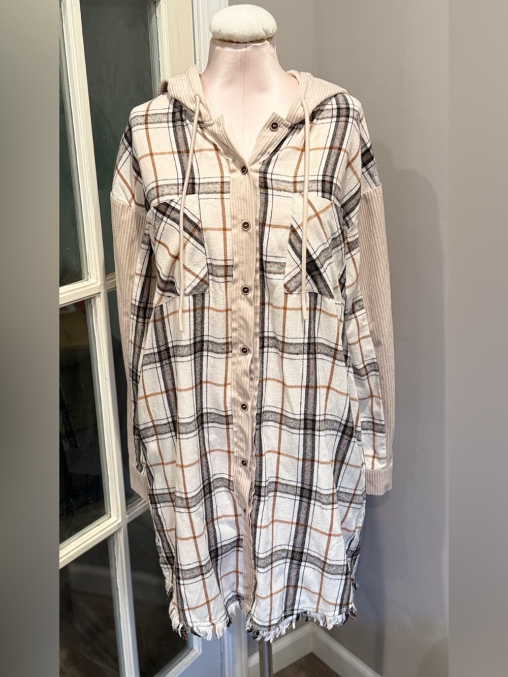Hem & Thread Cream Plaid Hooded Button-Up Shacket